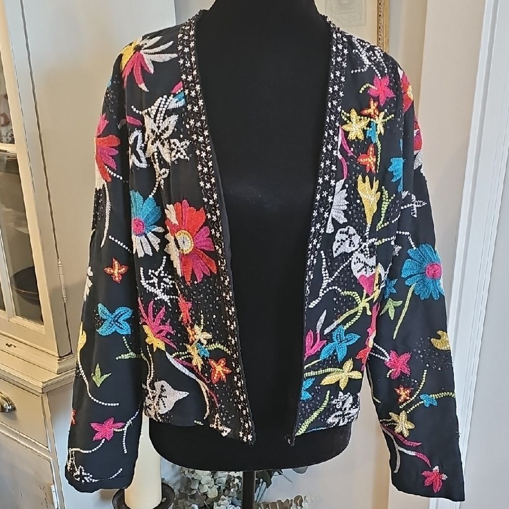 CHICO'S Vtg Embroidered & Embellished Open Blazer Sz M Boho‎ Maximalist Festival